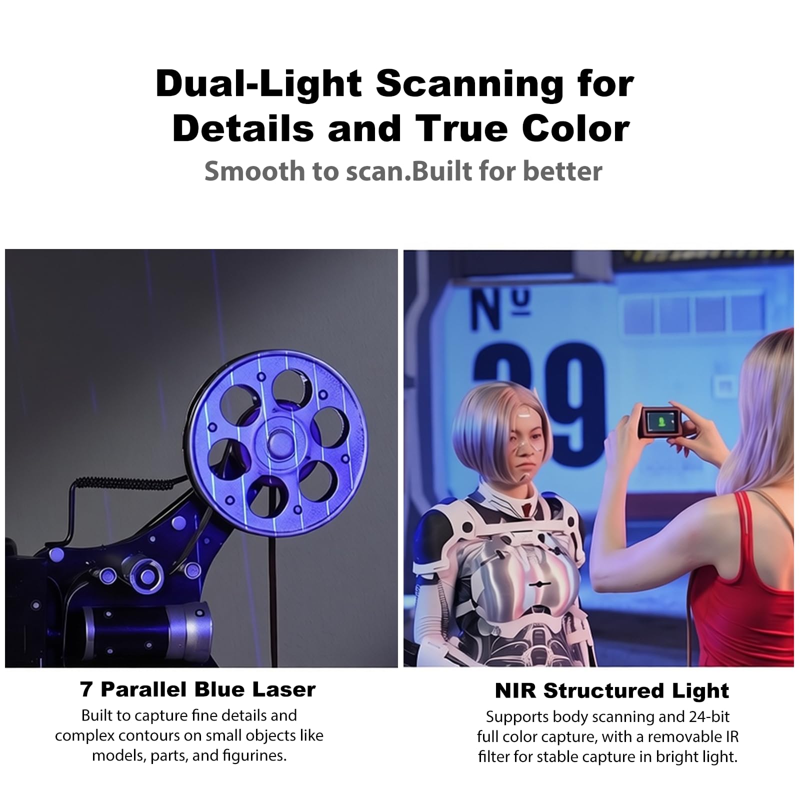 Creality Pika Scanner 3D tascabile con precisione da 0,03 mm, laser blu a 7 linee e luce strutturale IR, 110 fps, wireless, compatibile con smartphone e PC, per stampa 3D e inversa