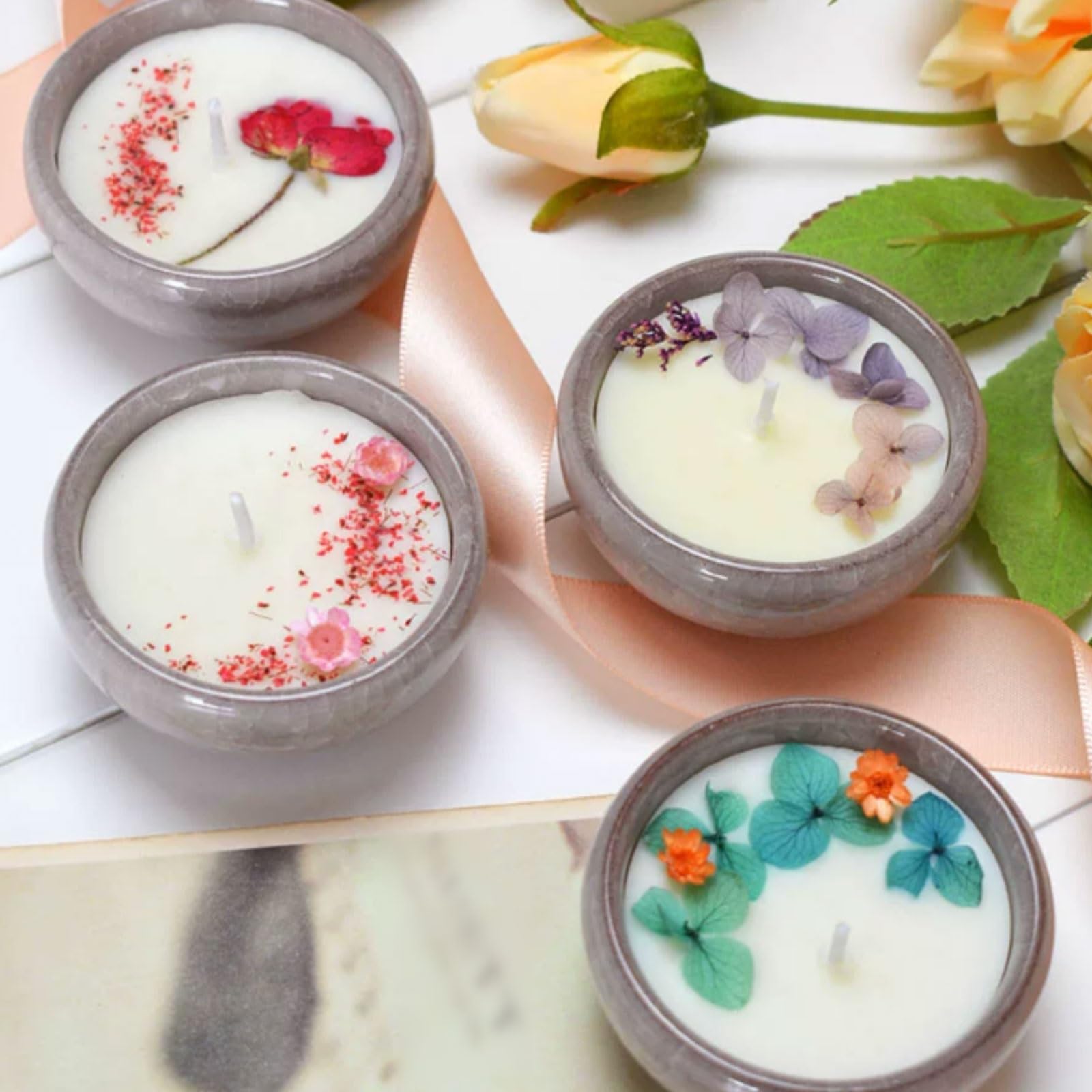 Exquisito 4 velas de cerámica hechas con ghee vegetal natural y vela perfumada reutilizable redonda con mecha de algodón meloso