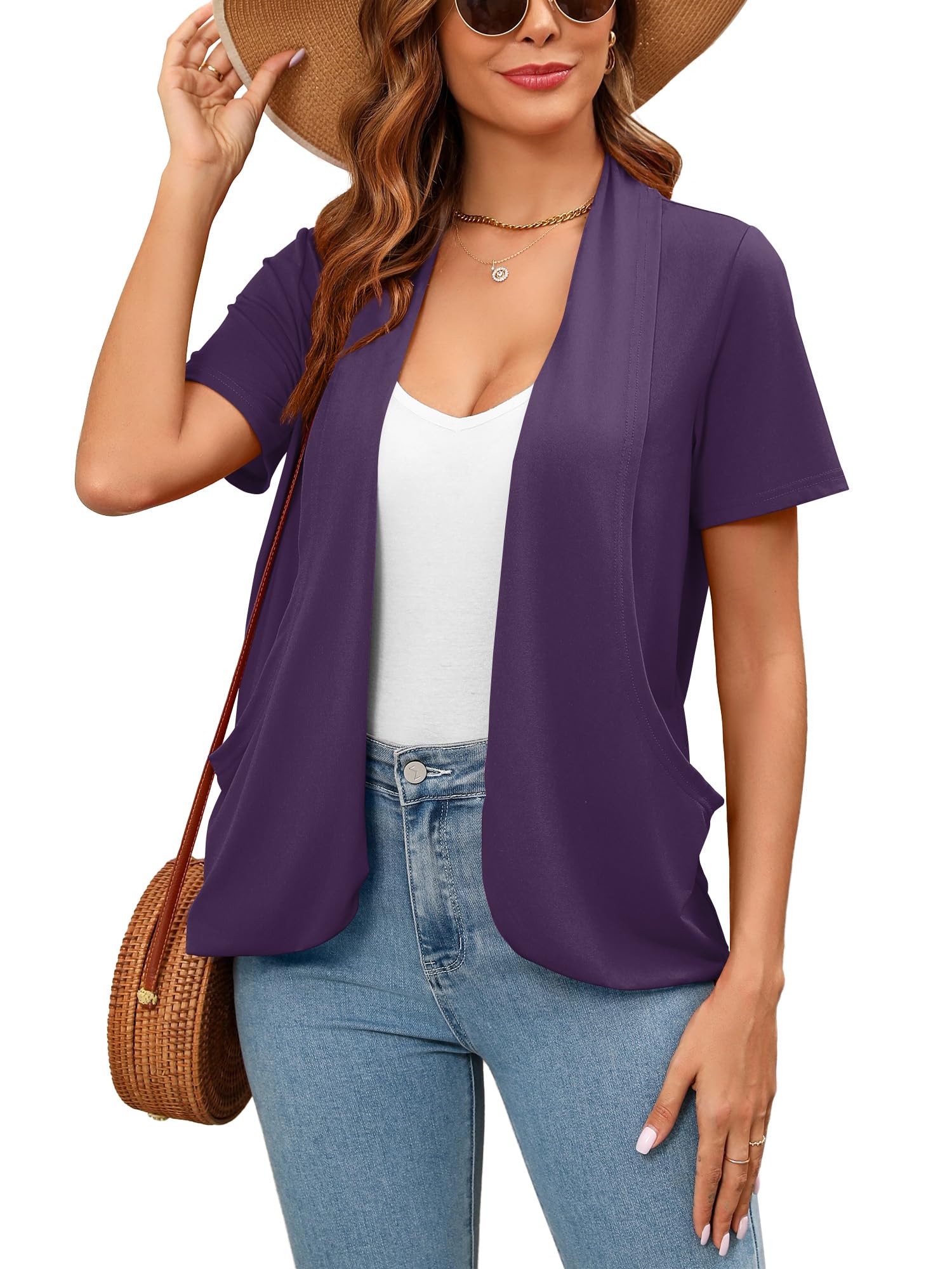 Skrfez Women's Lightweight Open Front Cardigans Short Sleeve Casual Soft Summer Cardigan with Pockets S-2XL