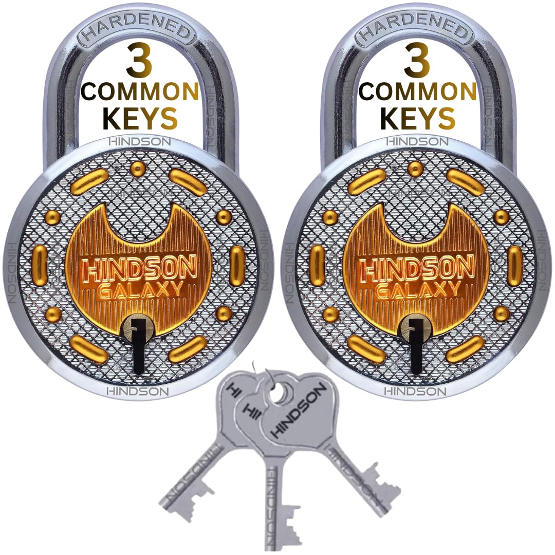 HINDSON 3 Common Keys Galaxy Brass 65mm Round Padlock Pack of 2 with 3 Common Keys, Double Locking 8-Lever Security Lock, Heavy Metal Body for Gate, Door, Shutter, Home & Shop Use