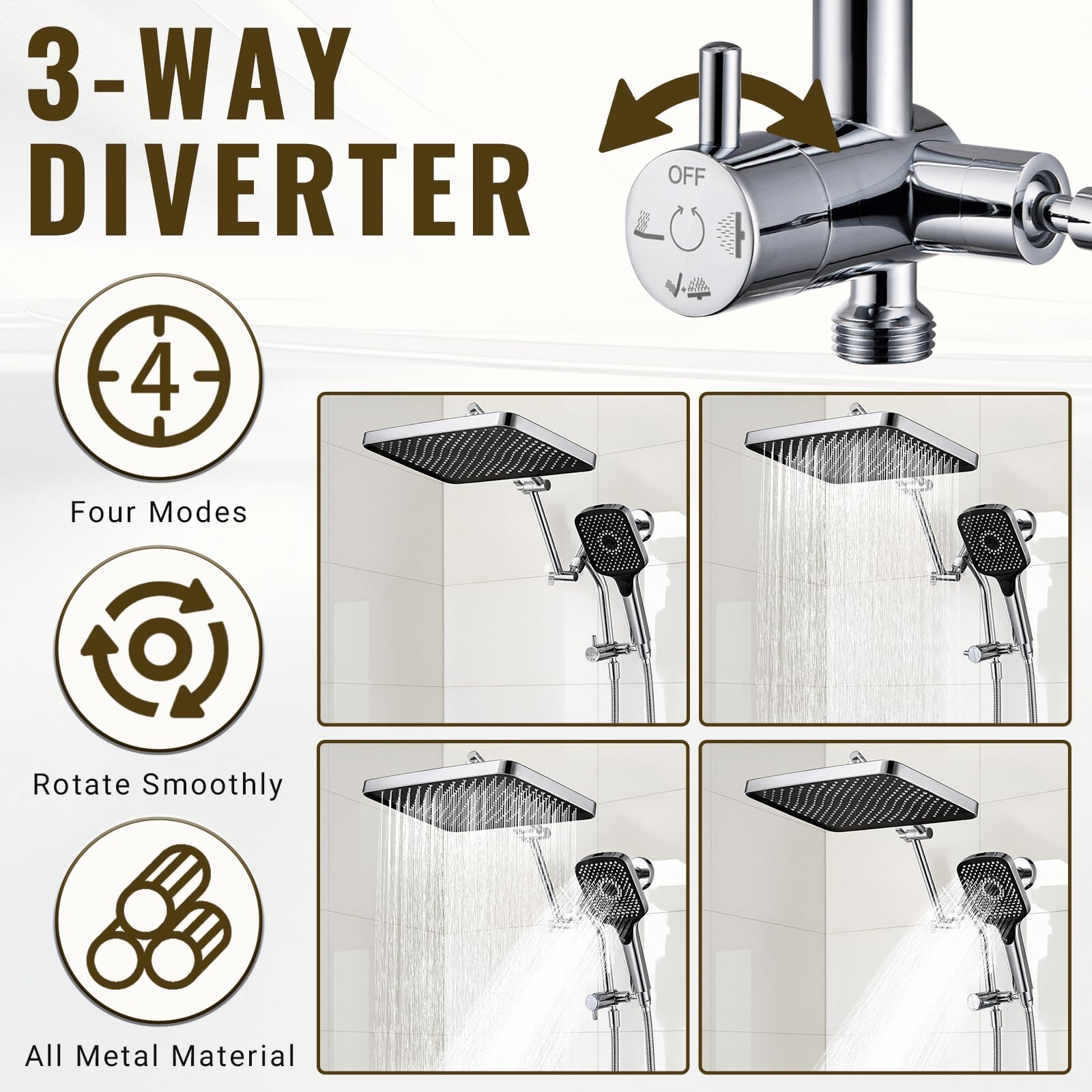 Cabezales de ducha de 13 pulgadas con pulverizador de mano multifunción, desviador extendido de metal de 3 vías con soporte y brazo de extensión de ducha ajustable de metal, manguera extra