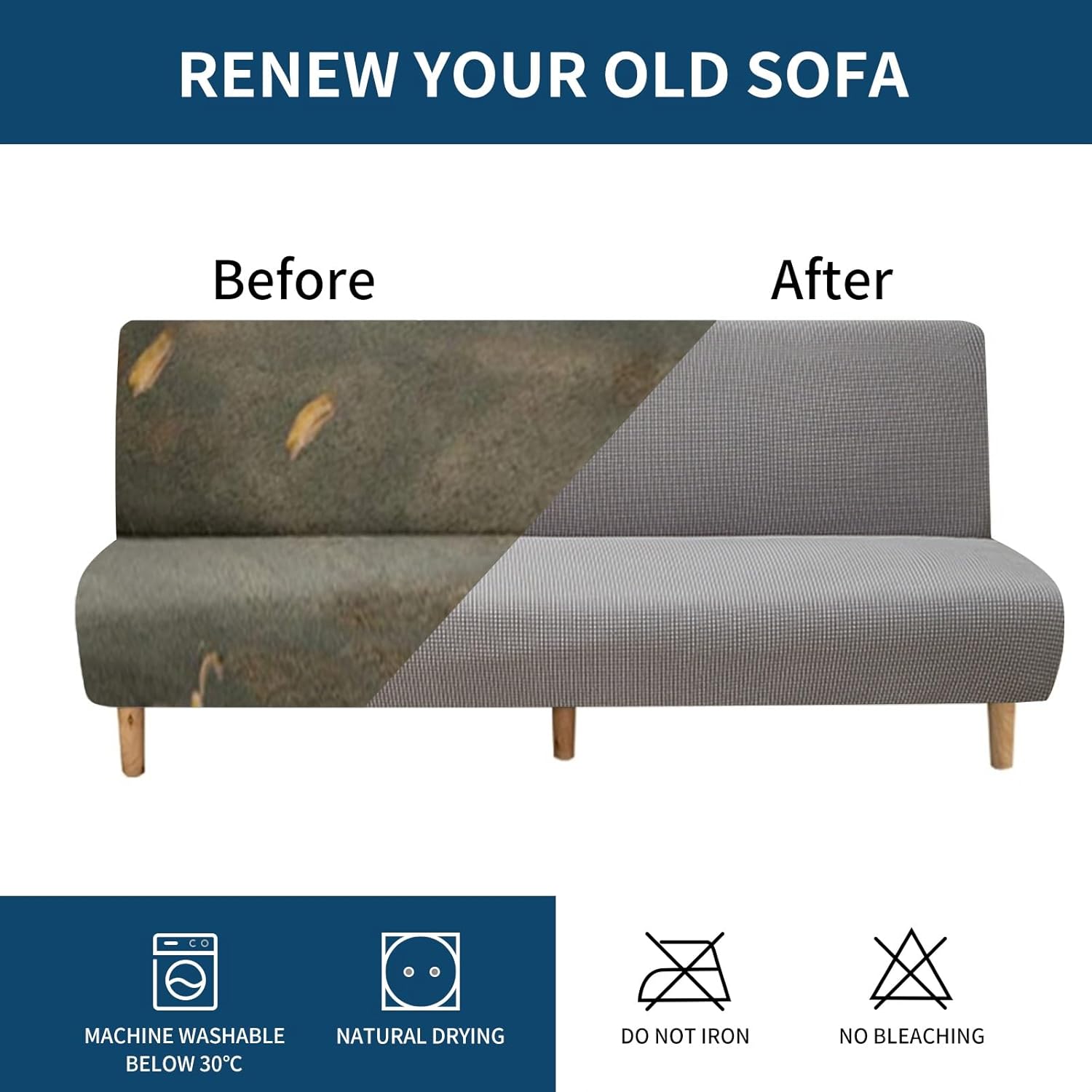Armless Futon Cover, Stretch Folding Sofa Bed Slipcover Couch Cover with Elastic Bottom(Gray,Large)