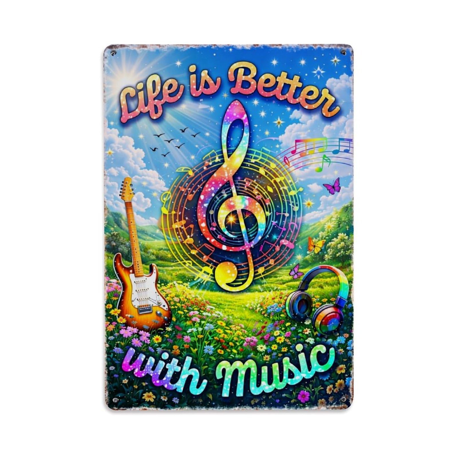 Jdfenggu Vintage Colorful Music Nature Guitar Headphones Retro Metal Tin Sign, Decor Art Poster For Bar, Home, Man Cave, Kitchen, Laundry Room Gift 8X12inch
