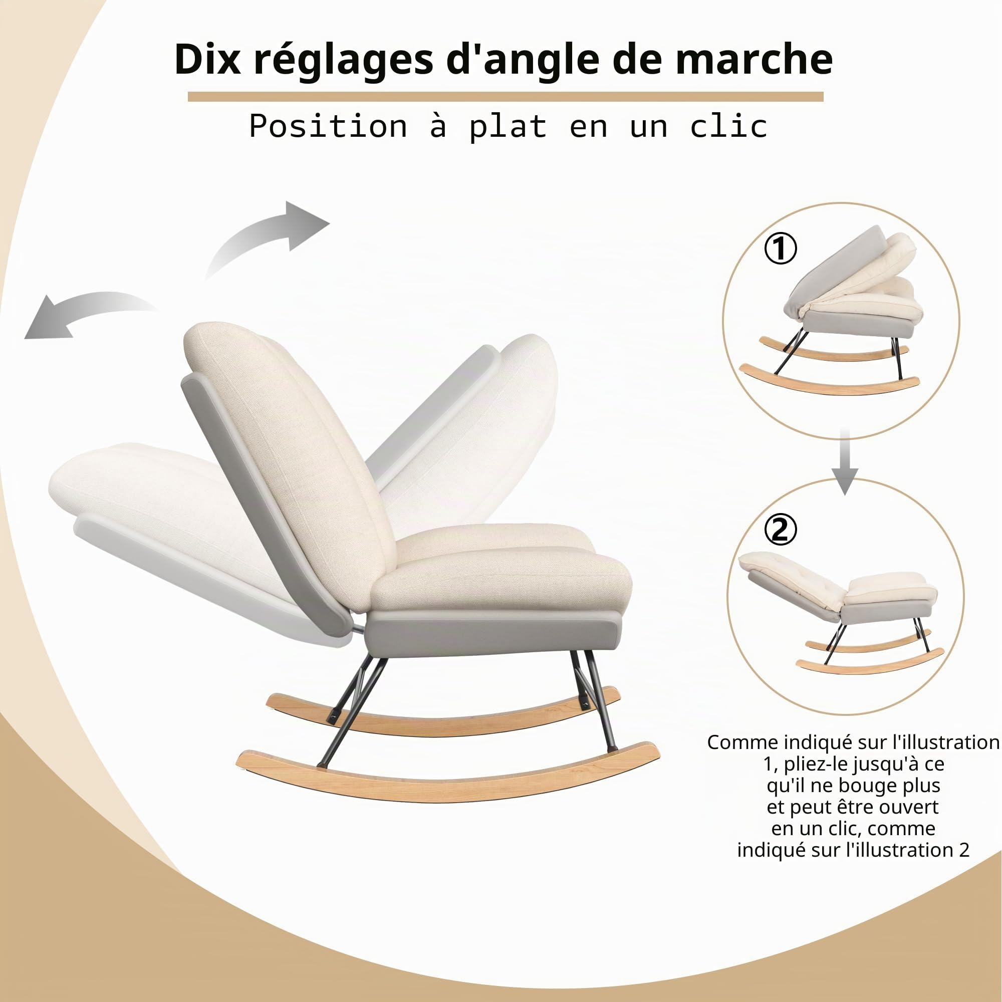 Fauteuil à Bascule, Rocking Chair, revêtement Bouclette, Fauteuils Allaitement, Chaise à Bascules, Fauteuil à Bascule Moderne, Rembourré en Tissu Beige, Cadre en Métal et Bois, Beige