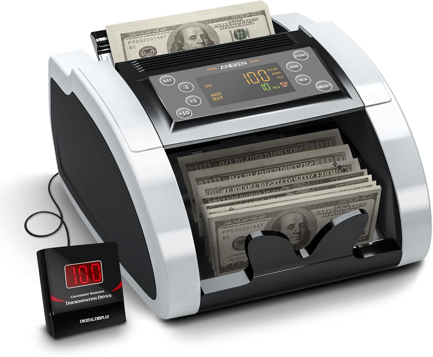 Aneken Money Counter with UV/MG/IR Counterfeit Detection, Portable Bill Counting Machine, Bill Counter with LED External Display,Add and Batch Modes, 1,000 Bills/Min - Doesn't Count Value of Bills : Office Products