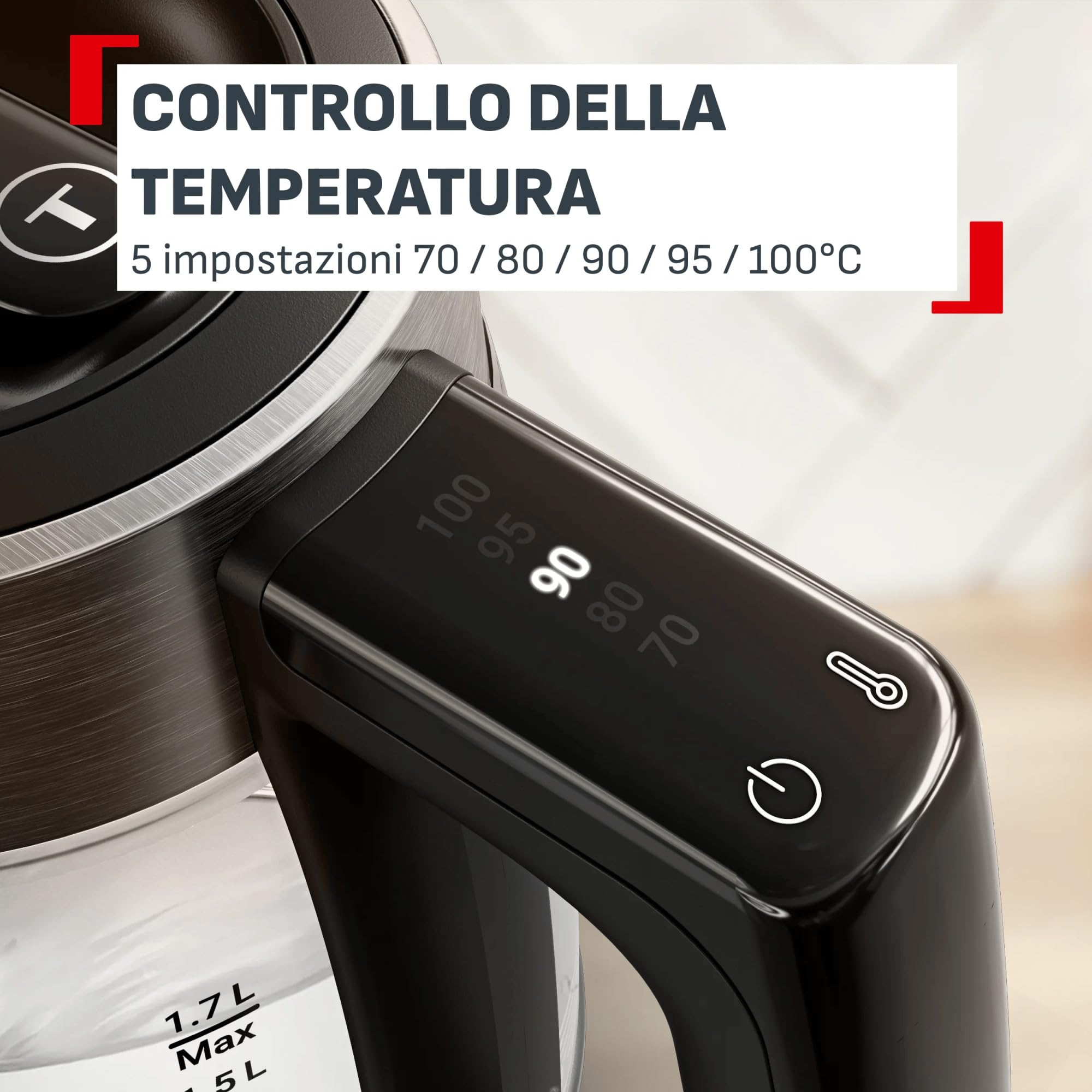 Tefal Express, Bollitore Elettrico In Vetro, Controllo Dal Manico, 1.7 L, 5 Livelli Di Temperatura, Monitoraggio In Tempo Reale, KO760DE0