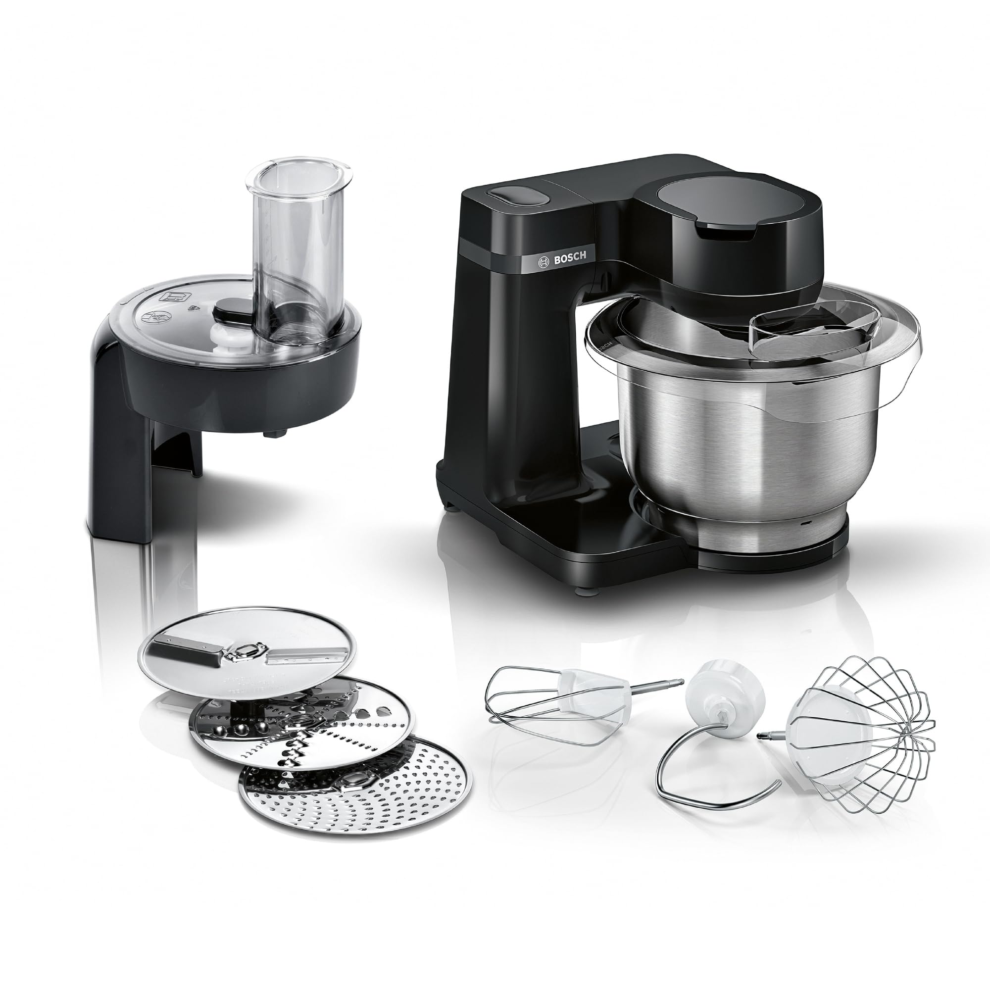 Bosch Küchenmaschine Serie 2, kleine Küchenmaschine, Edelstahl-Schüssel 3,8 L, Planetenrührwerk, Knethaken, Schlag-, Rührbesen Edelstahl, Durchlaufschnitzler, 3 Scheiben, 700 W, schwarz, MUMS2EB01