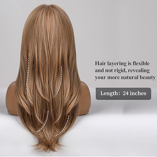 Miniatura 7 de HAIRCUBE Pelucas rubias para mujer, pelucas largas en capas con flequillo, pelucas de fibra sintética resistentes al calor (pelucas de cabello