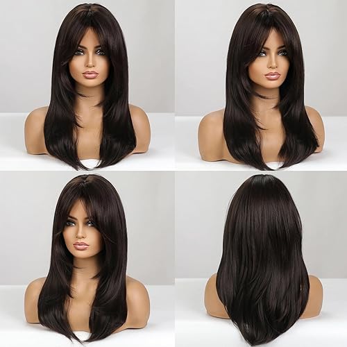 Miniatura 6 de Peluca de color negro y marrón con flequillo, pelucas rectas de longitud media natural para mujer, pelucas sintéticas de fibra resistente al calor,