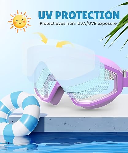 Vista 3 de NSSIW Gafas de natación para niños, antiniebla, sin fugas, con clip para la nariz, tapones para los oídos para niñas, niños y jóvenes, 6-14, paquete