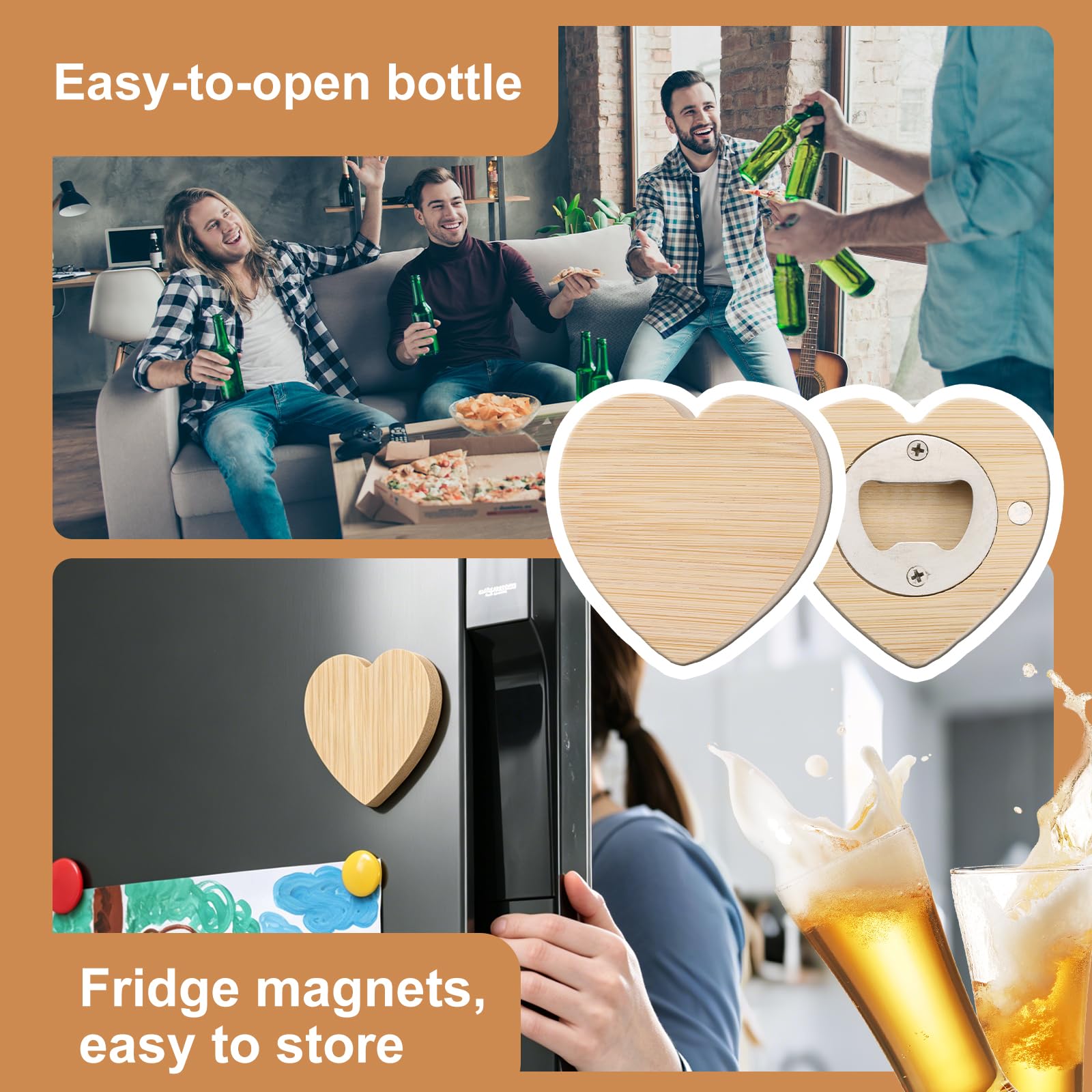 QUARKZMAN 10 Pz Apribottiglie in Legno Magnetici A forma di Cuore | Apribottiglie Portatili di Birra in Acciaio Inox Magneti da Frigorifero Regalo per Uomini e Amanti Della Birra