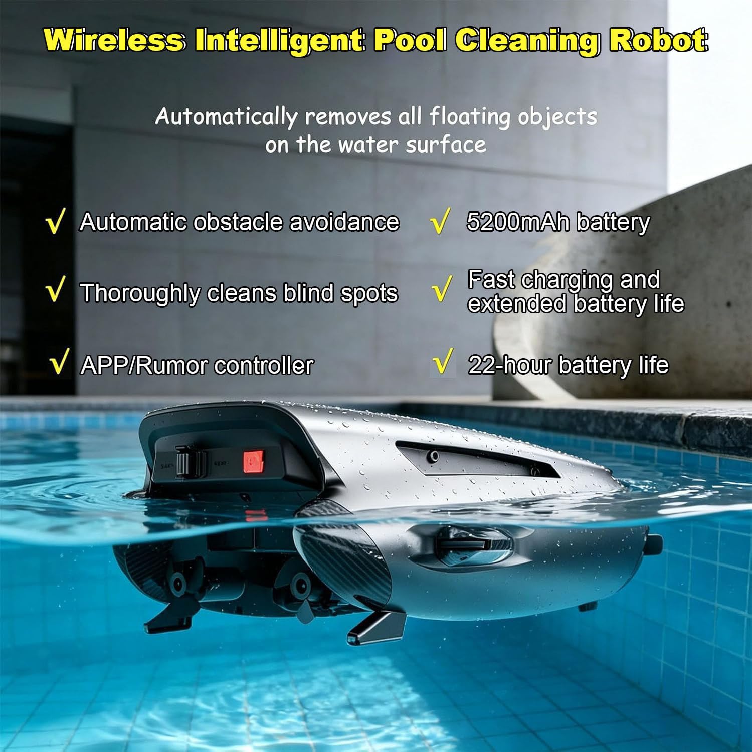 Écumoire de piscine robotique à énergie solaire avec nettoyage continu 22 h, panier filtrant de grande capacité de 3,8 L, application et télécommande, évitement intelligent des obstacles pour les