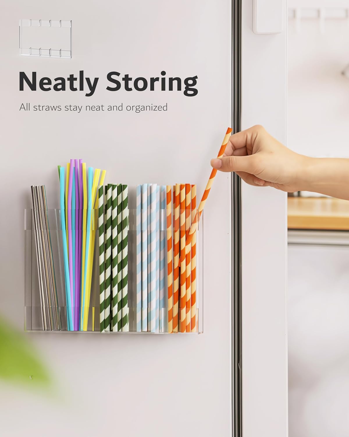 Upgraded 9.6'' Large Acrylic Straw Holder for Cabinet Door, Space-Saving Straw Organizer Storage Dispenser for Cabinet Doors or Countertops, Strong Adhesive Double-sided Tape Included - Image 9