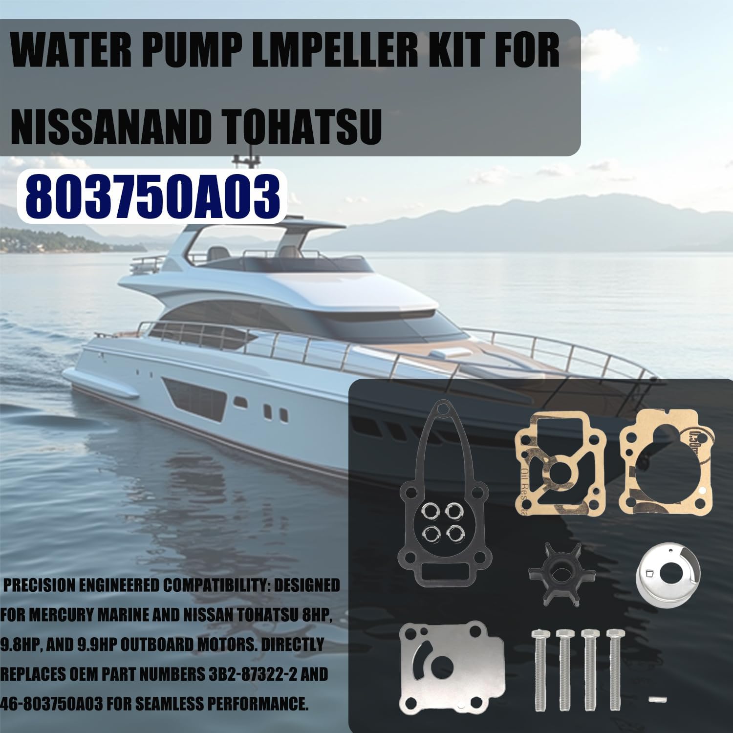 803750A03 Water Pump Impeller Repair Kit for Mercury Marine & Nissan Tohatsu 8/9.8/9.9 HP Outboard Motor | Replaces 3B2-87322-2 & 46-803750A03 | Complete Impeller Housing Kit with Gaskets