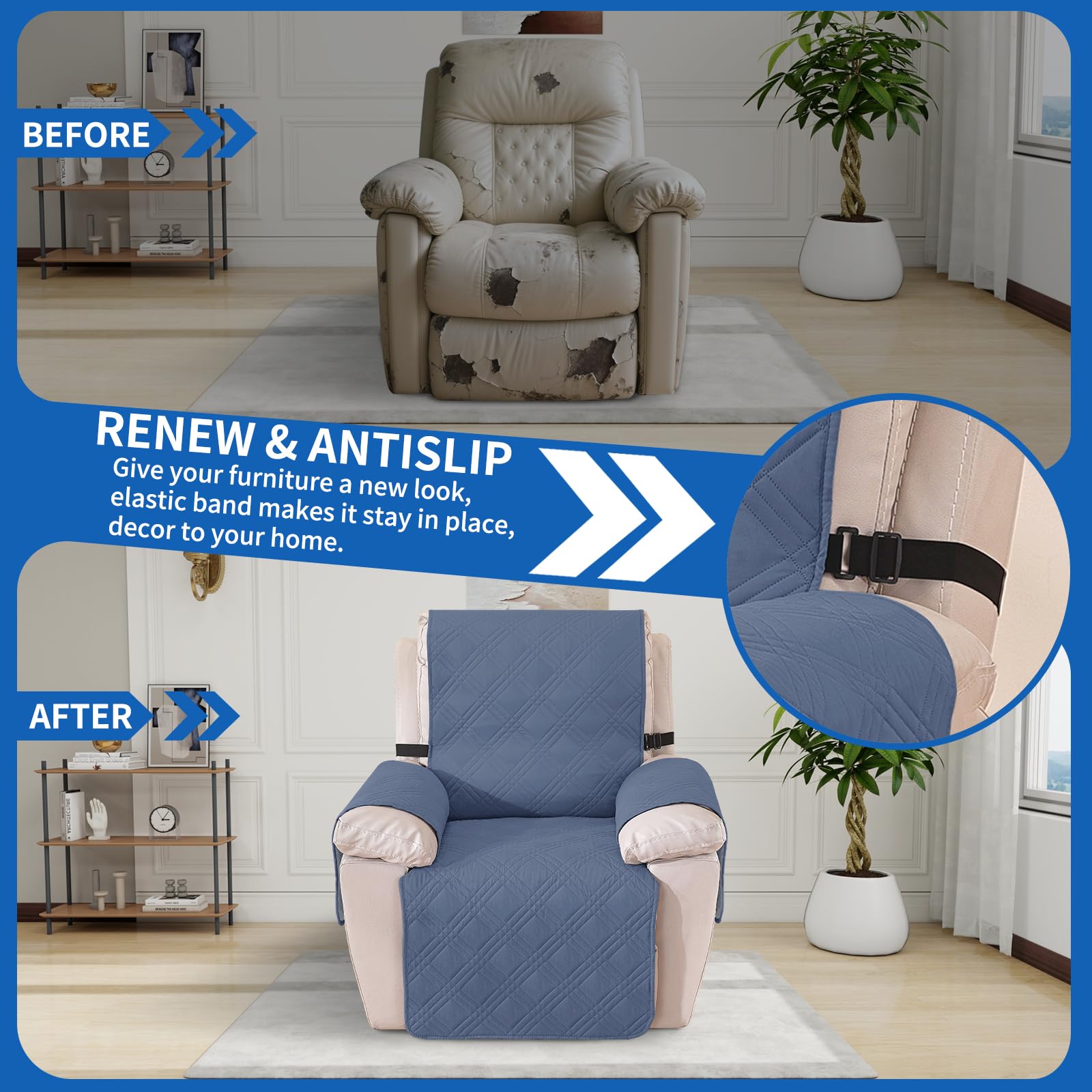 Ystyle Copripoltrona Relax Reclinabile, Reversibile Copri Poltrona Con Braccioli Universale, Copertura Poltrona Elettrica Antigraffio Antimacchia (1 Posto, Grigio Blu + Grigio Chiaro)