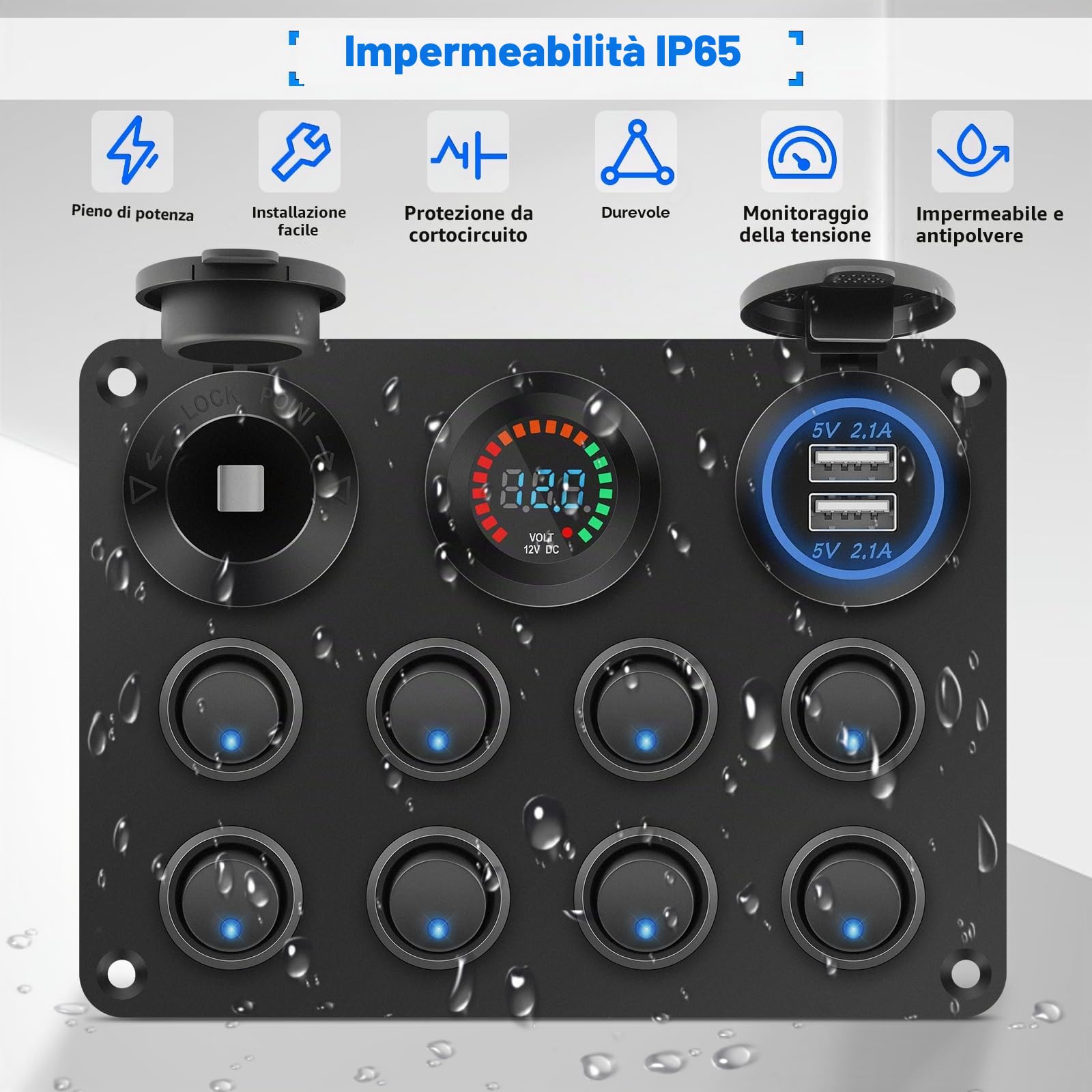 Geloo Pannello Interruttori a Bilanciere 12V/24V Impermeabile Levetta 8 Interruttore con Voltmetro Digitale Accendisigari Doppio Caricatore USB da 4,2 A per Barca, Auto, RV, Camper