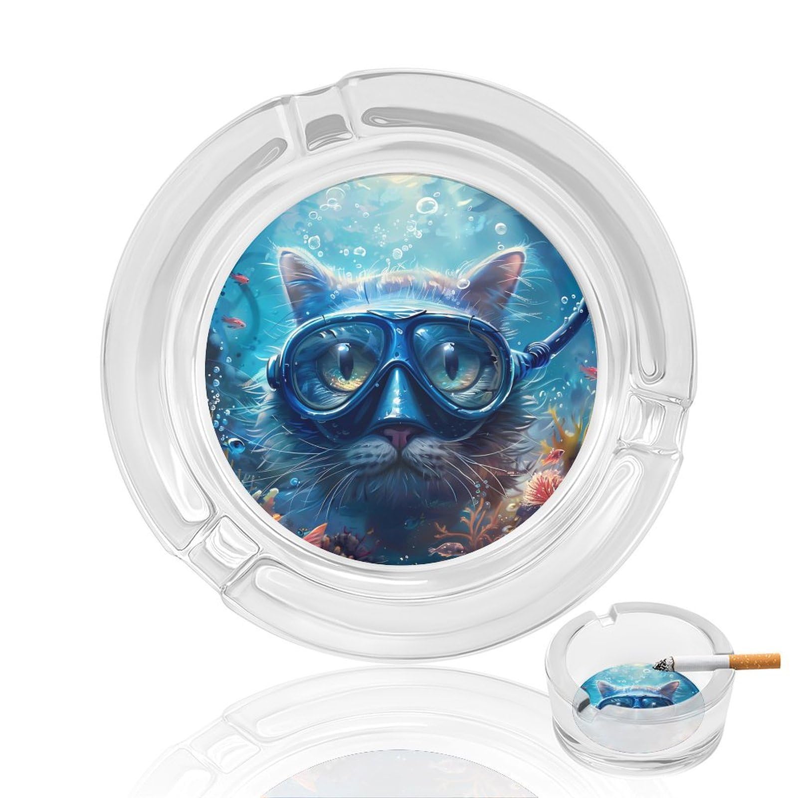 Scuba Diving Cat Ashtray Portable Round Glass Outdoor Ash Tray for Home Office Garden Pub