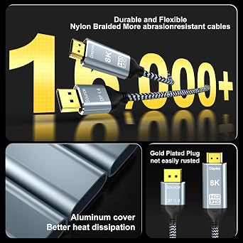 DisplayPort to HDMI 2.1 Cable 10FT 8K@60Hz 4K@120Hz Uni-Directional DP (Source) to HDMI (Display) Braided Cord Supports HDCP 2.3 HDR10 Display Port for AMD,NVIDIA,and PC