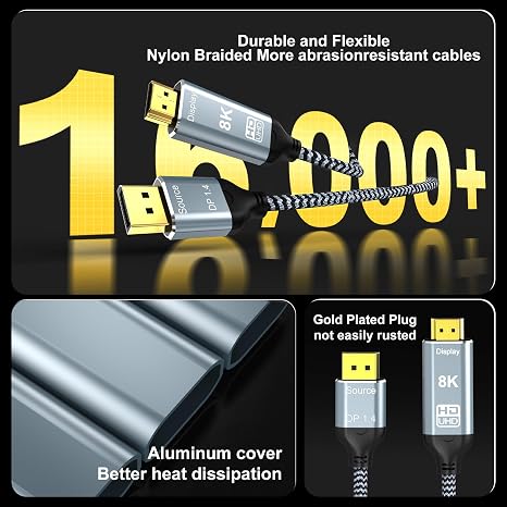 DisplayPort to HDMI 2.1 Cable 10FT 8K@60Hz 4K@120Hz Uni-Directional DP (Source) to HDMI (Display) Braided Cord Supports HDCP 2.3 HDR10 Display Port for AMD,NVIDIA,and PC