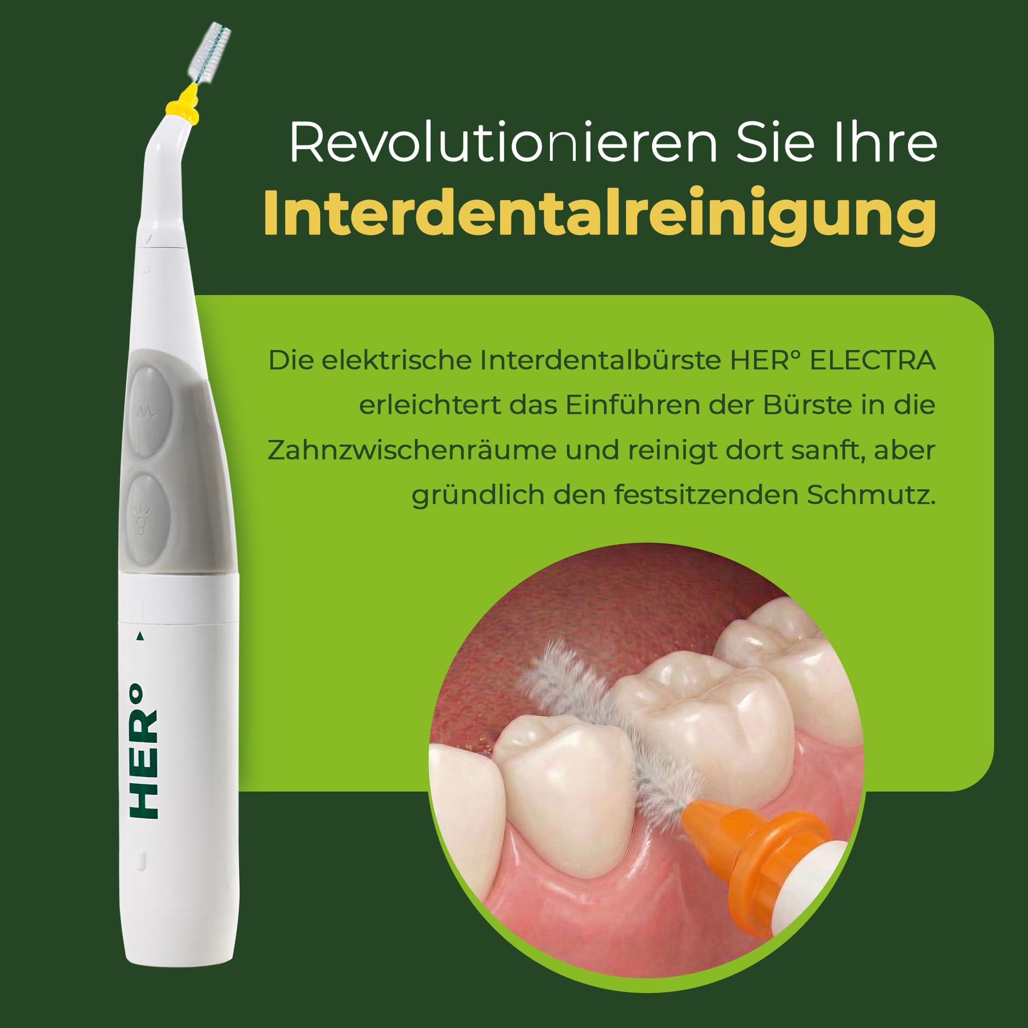 HERo ELECTRA Interdentalbürsten Set-Vibrierende Zahnzwischenraumbürsten mit LED-Licht und Spiegel -11 Wechselbürsten 2 Adapter, Kräuter-Interdentalgel auch für Implantate, Zahnspange