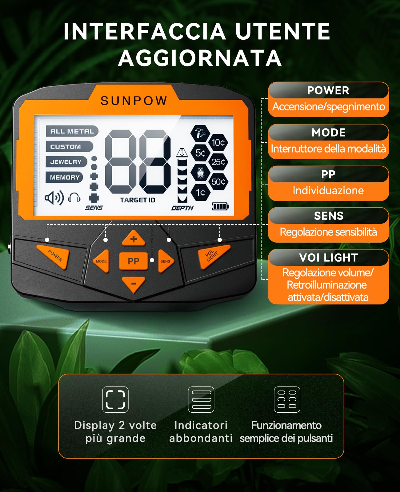 SUNPOW Metal Detector, Kit Rilevatore di Metal Detector Professionale a 5 Modalità con Maggiore Precisione, Profondità di Rilevamento da 11" Macchina Rilevatore Oro Impermeabile
