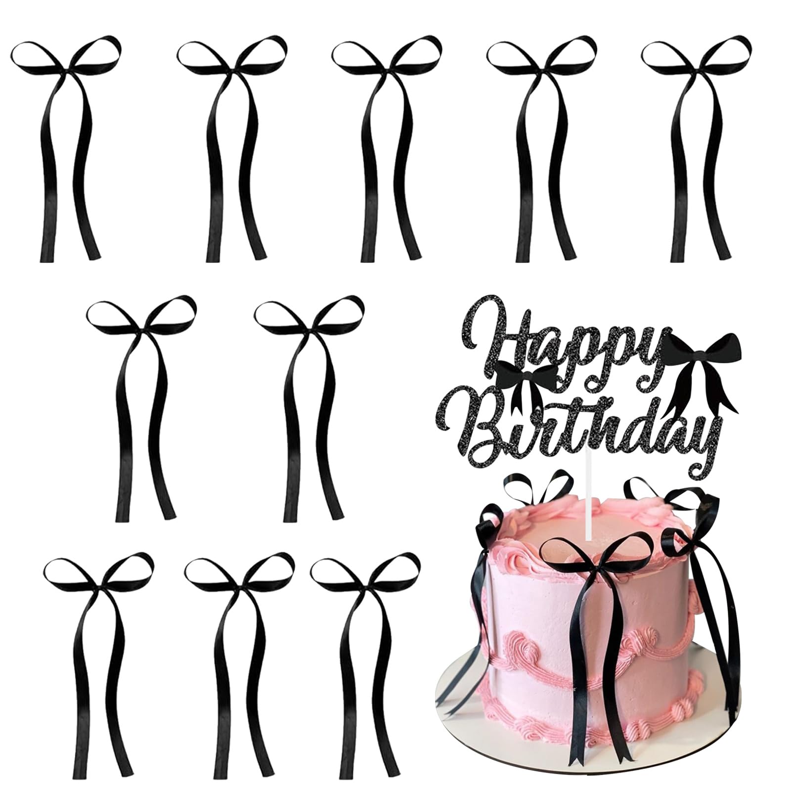 Happy Birthday Tortenaufsatz & 6 Schwarze Schleifen – Elegantes Kuchendekor-Set Für Geburtstag & Partys
