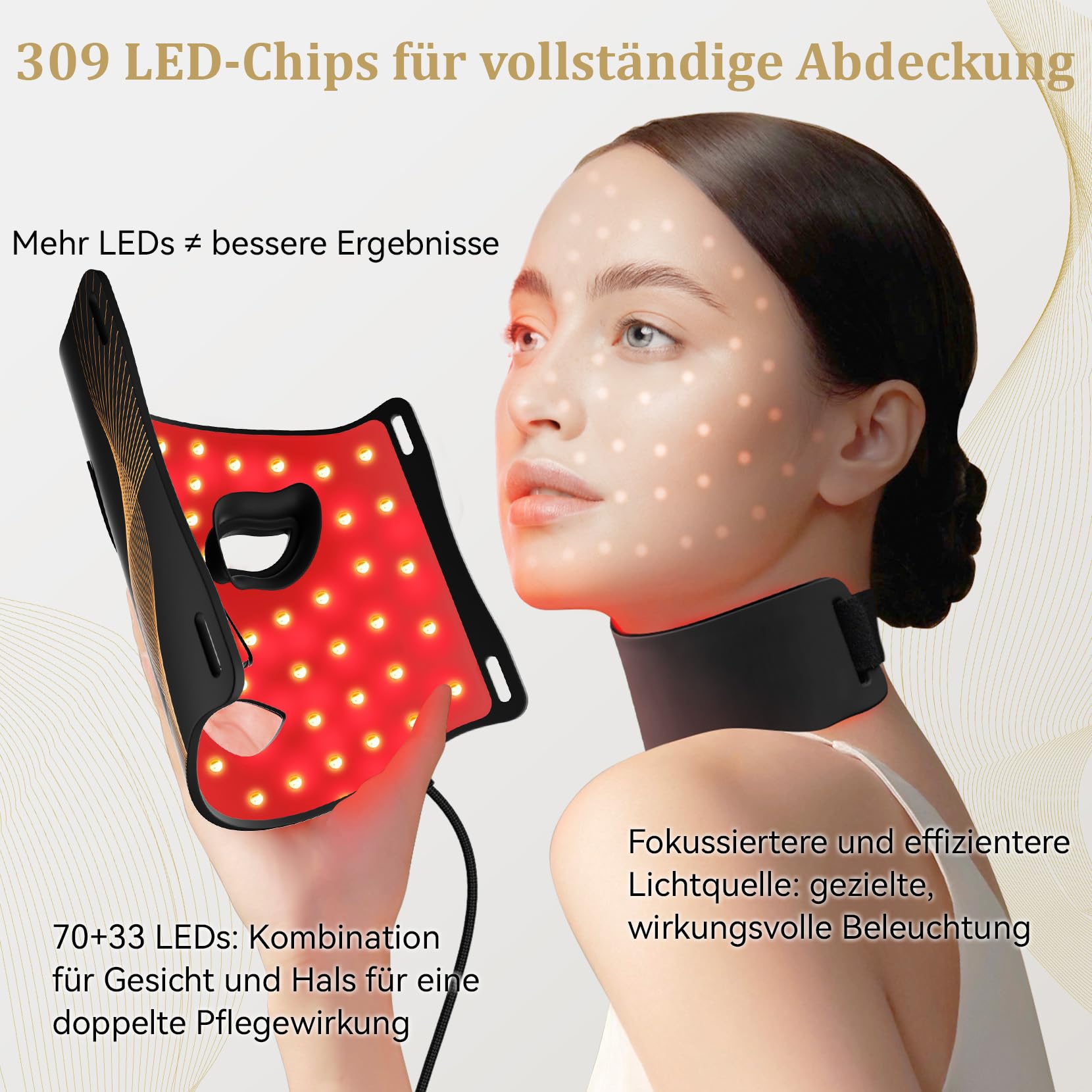FOLOKE LED Maske Gesicht -LED Lichttherapiemaske für die Gesichtspflege, 7-farbige Lichtwellen, rote Lichtmaske für Gesicht und Hals, rot – 5 Helligkeitsstufen, rote Lichtmaske für zu Hause