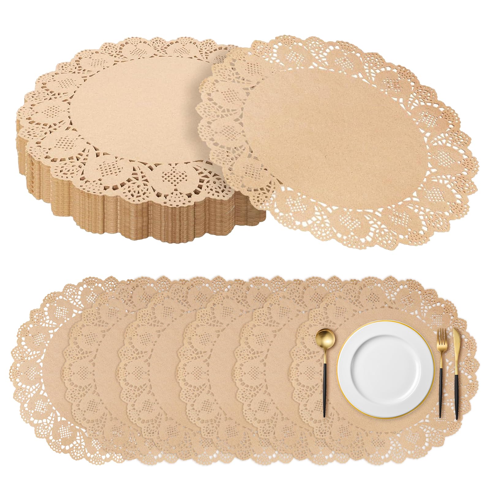 Photo 1 of 100 Pcs Brown Lace Paper Doilies, 13.5 Inches Lace Papers Doilies, Disposable Decorative Place Mats, Eco-Friendly for Food Cakes Dessert Dining Table Weddings Birthday Party