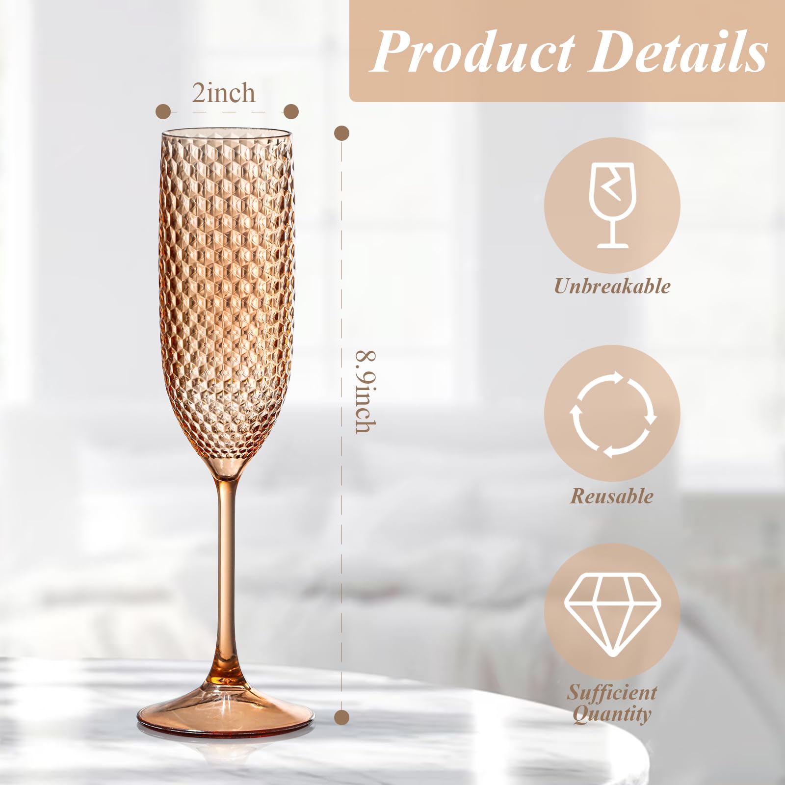 Champagnergläser aus Kunststoff, Rotgold, unzerbrechlich, für Hochzeit, Toastgläser, Diamant-Weingläser, kristallklar, Party, Weinbecher, Vintage-Trinkgläser, 156 ml, für Brautparty, 24 Stück