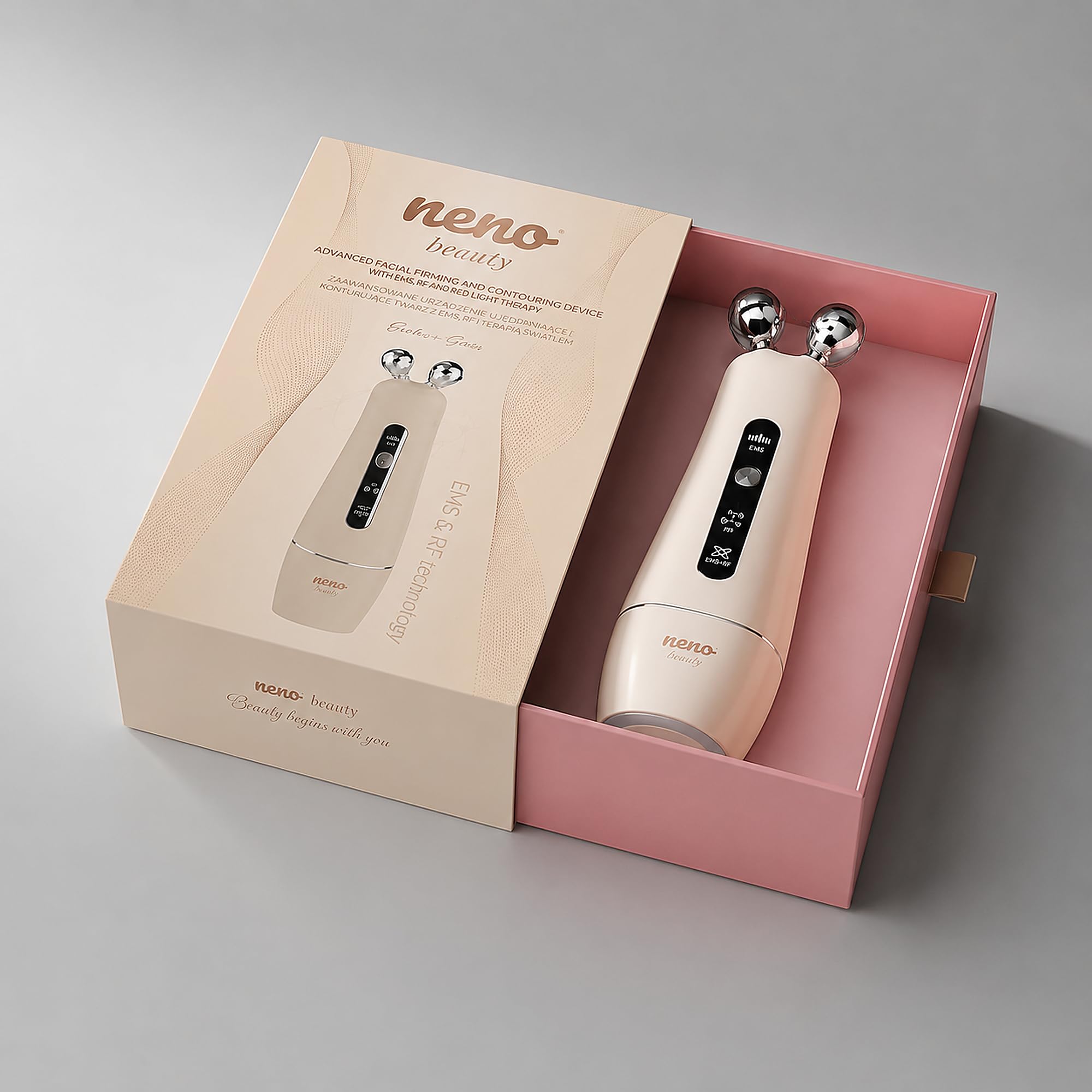 Neno Algo Appareil de Massage du Visage – Rouleau Visage 3D avec EMS & RF pour Effet Lifting et Soin des Contours – Appareil Anti-âge avec Deux Têtes et Rouleau Rotatif à 360° – Anti-Double Menton