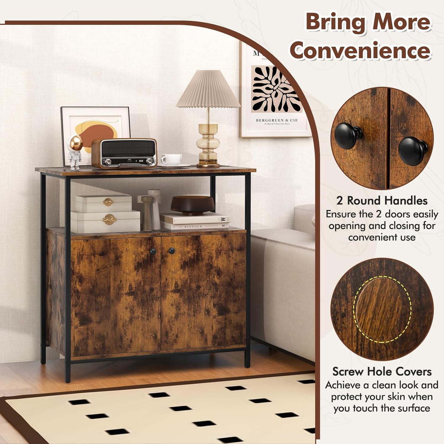 Buffet Cabinet, Industrial Storage Cabinet w/Doors and Metal Legs, Farmhouse Coffee Bar, Rustic Console Table for Kitchen, Dining Living Room, Entryway (Rustic Brown, 31.5''H)