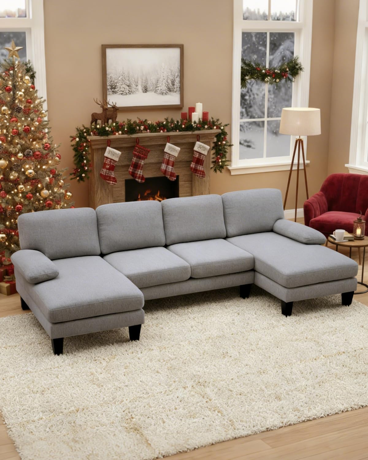 Karl home 110-inch U-Shape Sectional Sofa in Dusty Gray, set in a living room with holiday decorations.