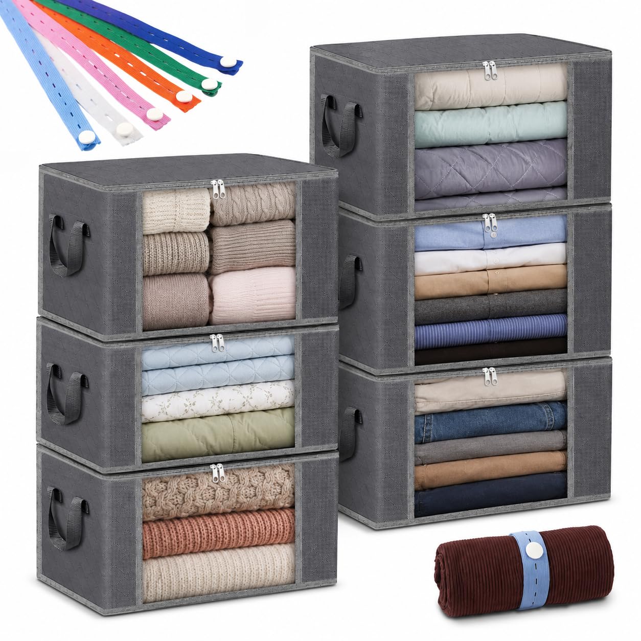 Cajas de Almacenamiento, 6 Pcs Organizador de Ropa con 6 Correas Elásticas, Cajas Organizadoras para Clósets Plegable con Ventana Transparente, Canastas Organizadoras para Dormitorio, Armario, etc