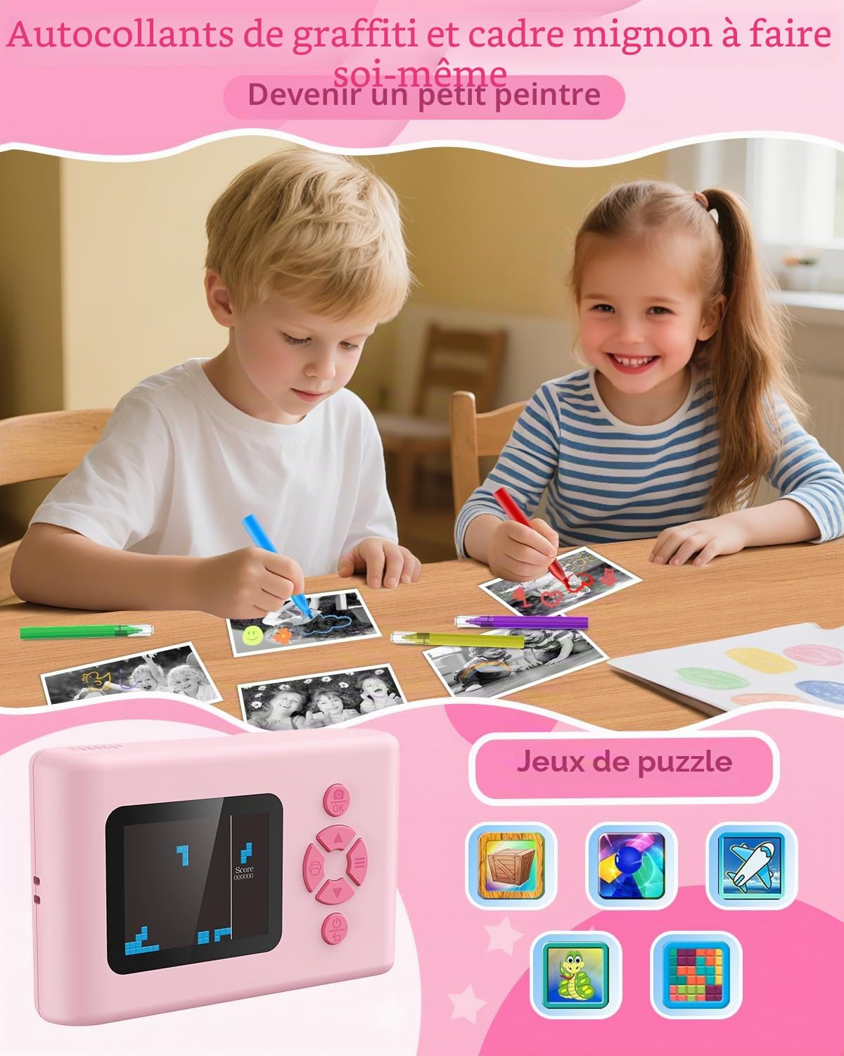 Appareil Photo Instantané Enfant, 1080P Appareil Photo Numérique Enfant, Caméra Vidéo avec Écran 2,4 Pouces, LED Flash, Carte TF 32 Go, Papier d'impression, Cadeau pour Filles Garçons 3-12 Ans, Rose