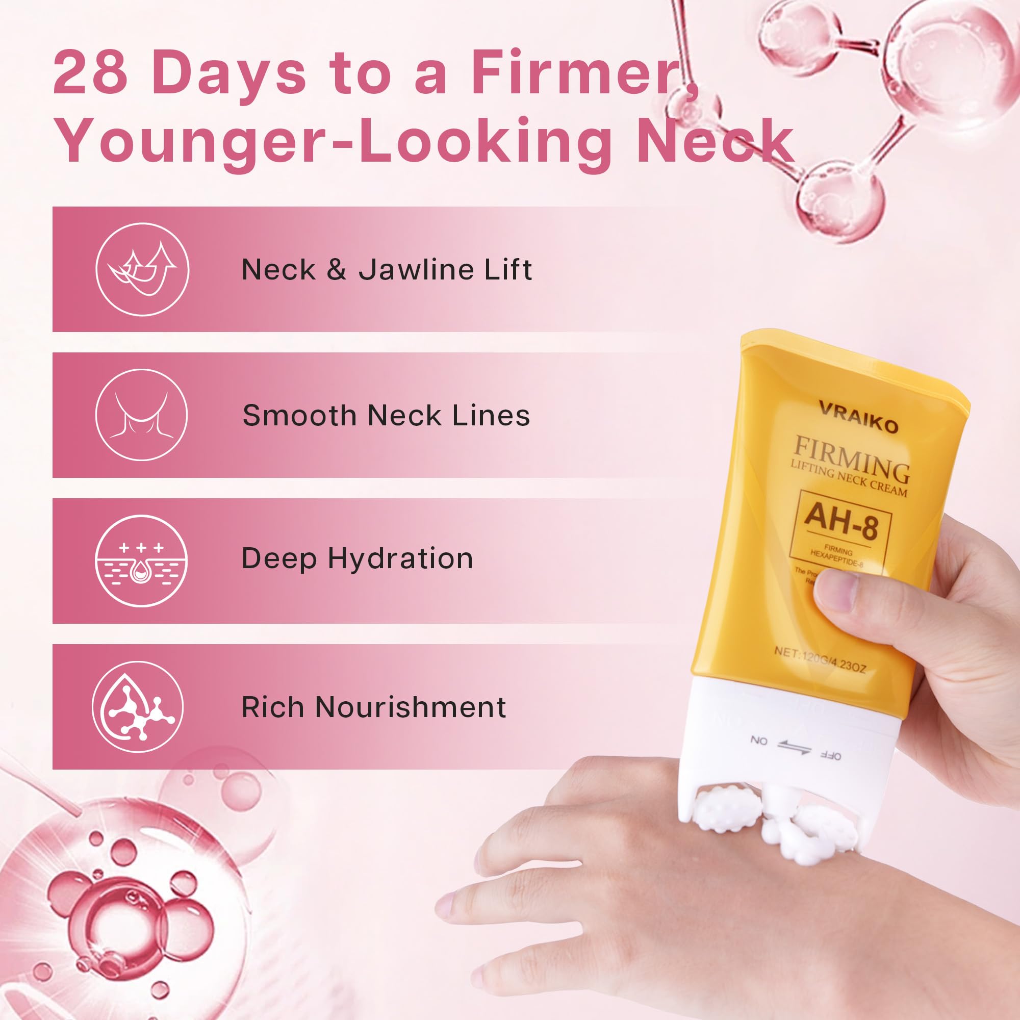 VRAIKO AH-8 Neck Firming Cream, 2-In-1 Gua Sha Neck Cream Roller with AH8 & Ceramide NP - Image 4