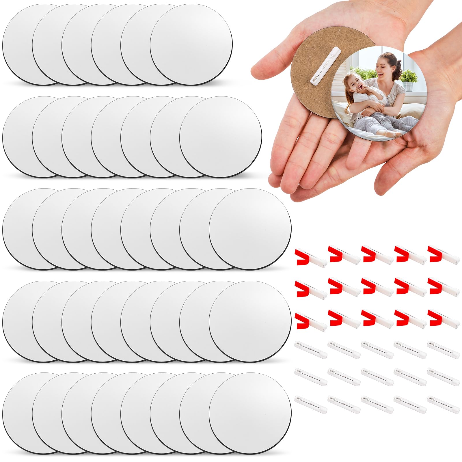 Boutons de sublimation Okllen 7,6 cm en MDF avec épingles pour étiquettes de nom