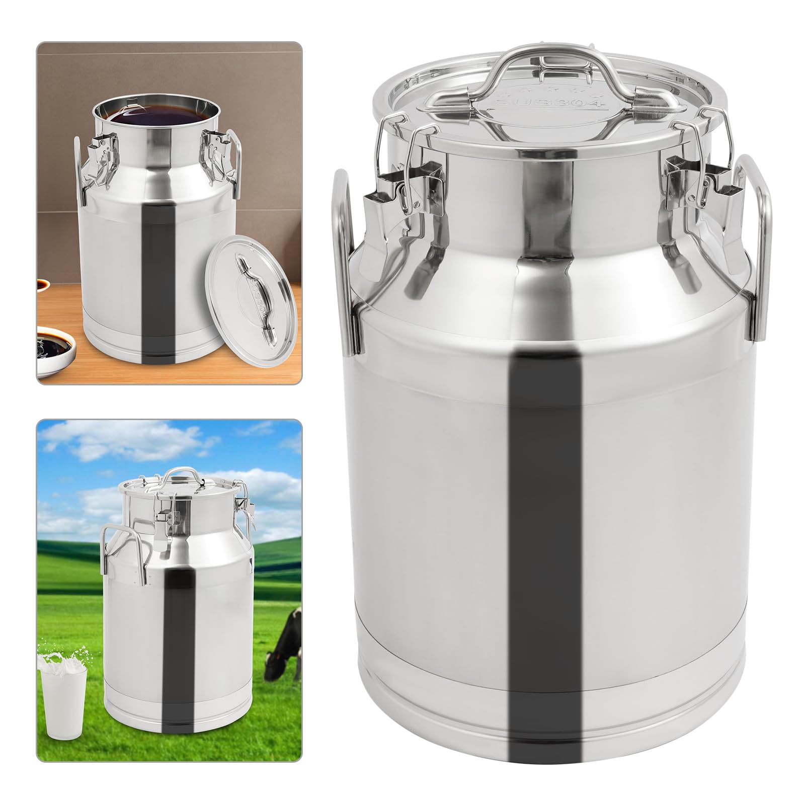 304 Stainless Steel Milk Can, 28L/7.4Gallon Heavy Duty Airtight Bucket with Sealed Lid & Portable Handle, Food-Grade Storage for Home, Farm, Commercial Use (Milk, Wine, Liquids)