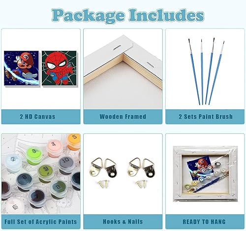 Miniatura 4 de xackcme Paquete de 2 pinturas de dibujos animados por números para niños con marco de madera, pintura de dibujos animados por números para niños de