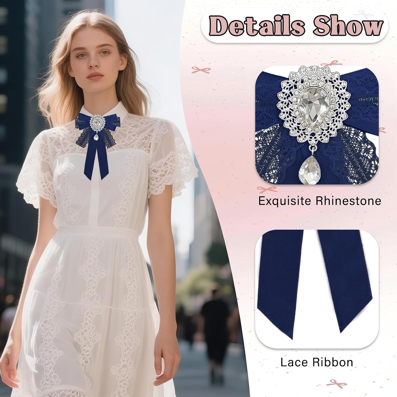 Lace Bow Tie for Women, Rhinestone Pre-tied Bow Ties Ribbon Ladies Bowtie for Party Cosplay School Uniform Leisure