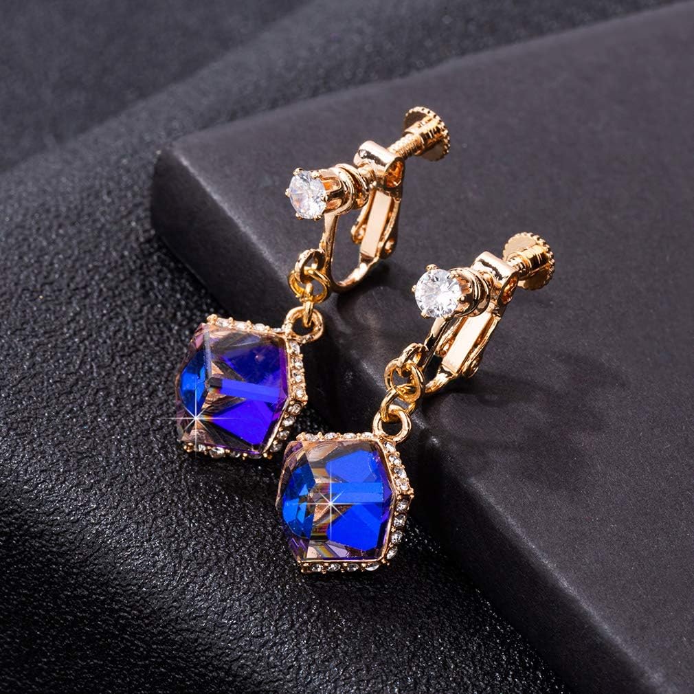 Cube Austrian Crystal Drop Clip On Dangle Earrings for Women Non Pierced 14K Rose Gold Plated Hypoallergenic Jewelry - Image 3