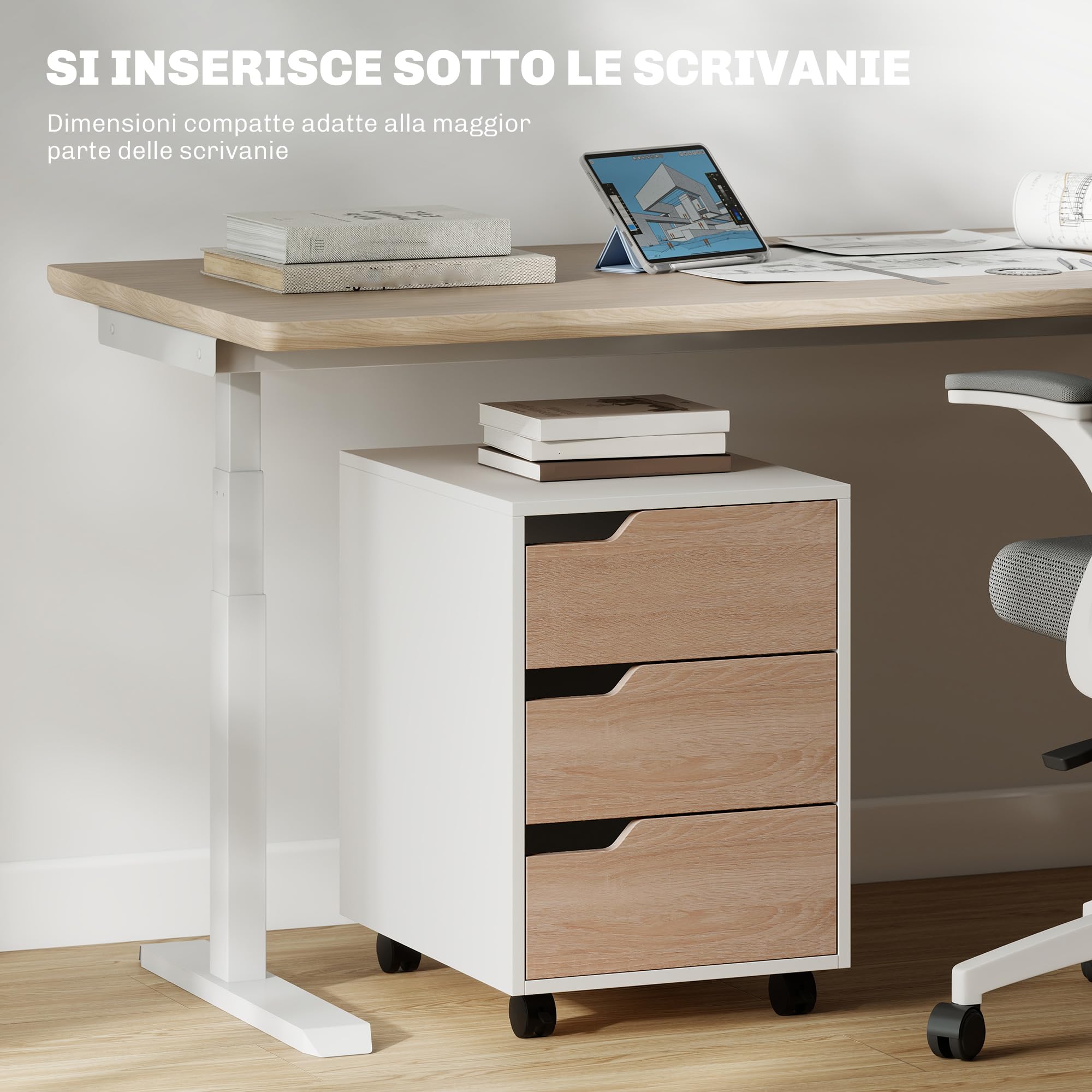 HOMCOM Cassettiera da Ufficio Portadocumenti a 3 Cassetti con Maniglie a Scomparsa, Armadietto da Ufficio a 4 Ruote in Legno e Metallo, 40x50x57.5 cm, Legno e Bianco