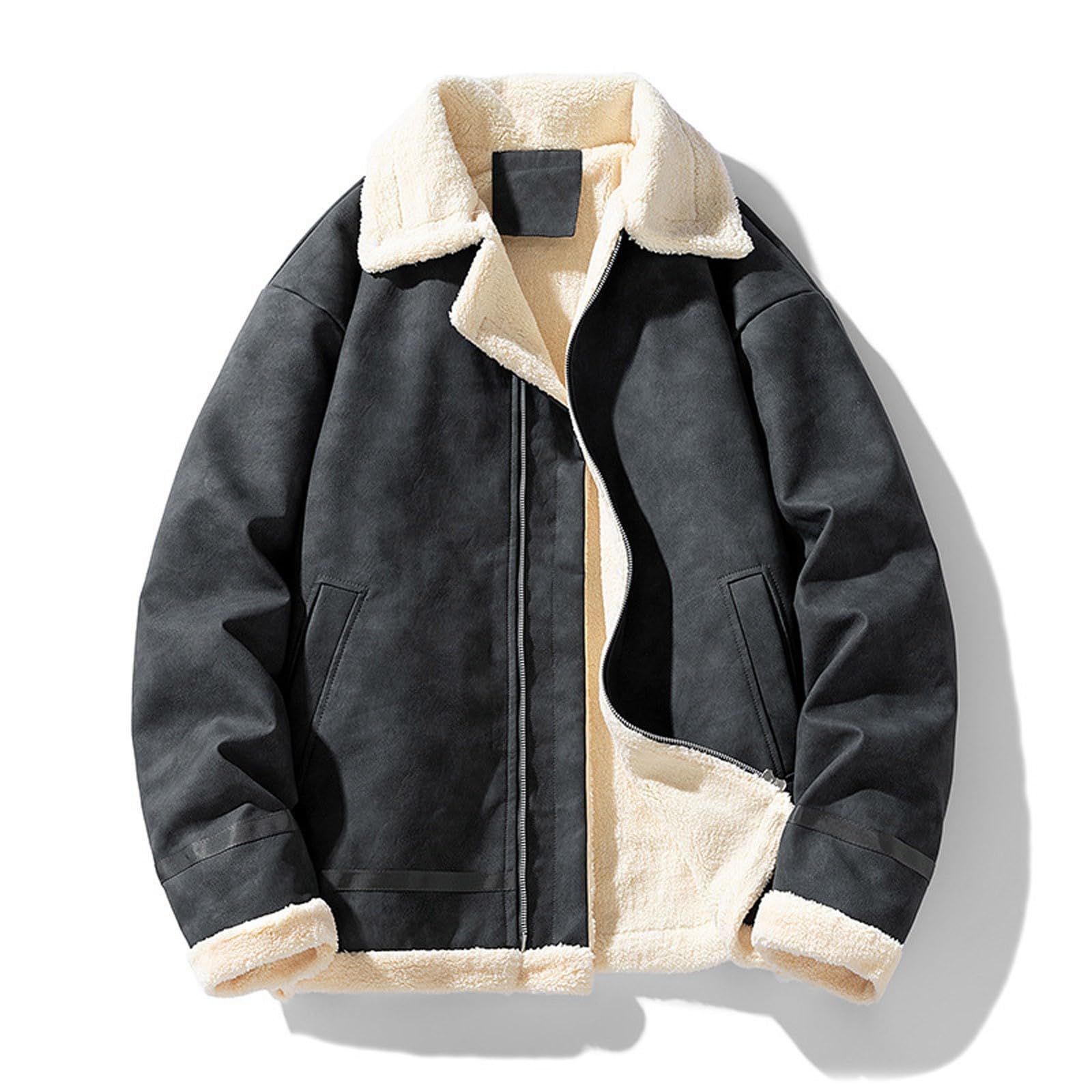 Generisch Chaqueta de piel sintética para hombre, chaqueta de piel sintética, variantes de color, chaqueta de motero, chaqueta de entretiempo, cuello vuelto, abrigo cálido, chaqueta de ante de