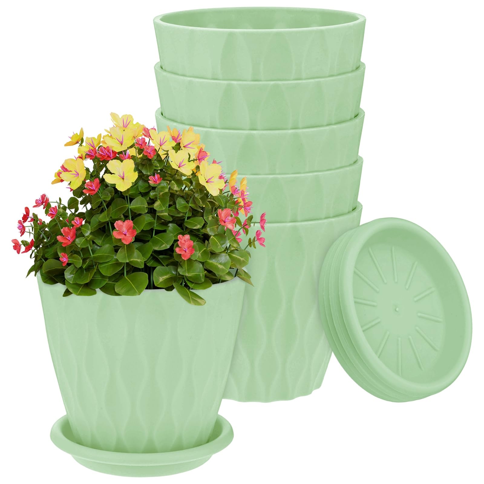 M METERXITY 6-Set Small Nursery Pots, 4 Inch Plastic Water Ripple Indoor Outdoor Flower Pots Planters with Drainage Holes and Saucers for Plants/Succulents/Herbs/Home Decor [Green]