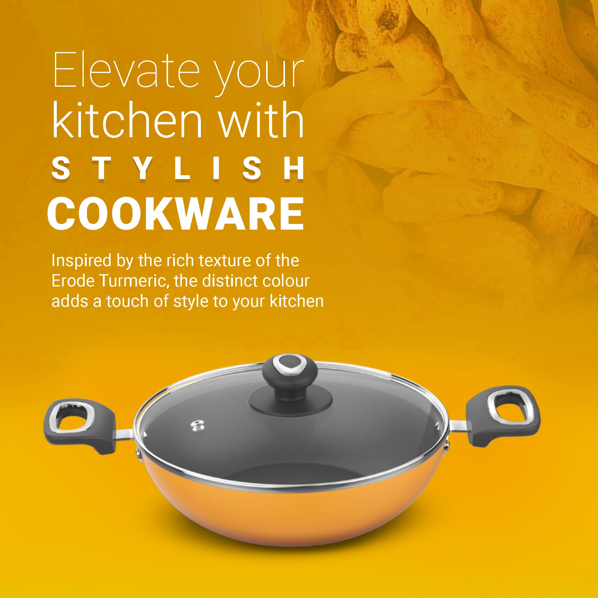 Preethi Dura Collection Non Stick Kadai, 24 cm, with Glass Lid, Gas & Induction Compatible, 5 Star Non Stick Effect, Turmeric Yellow 3