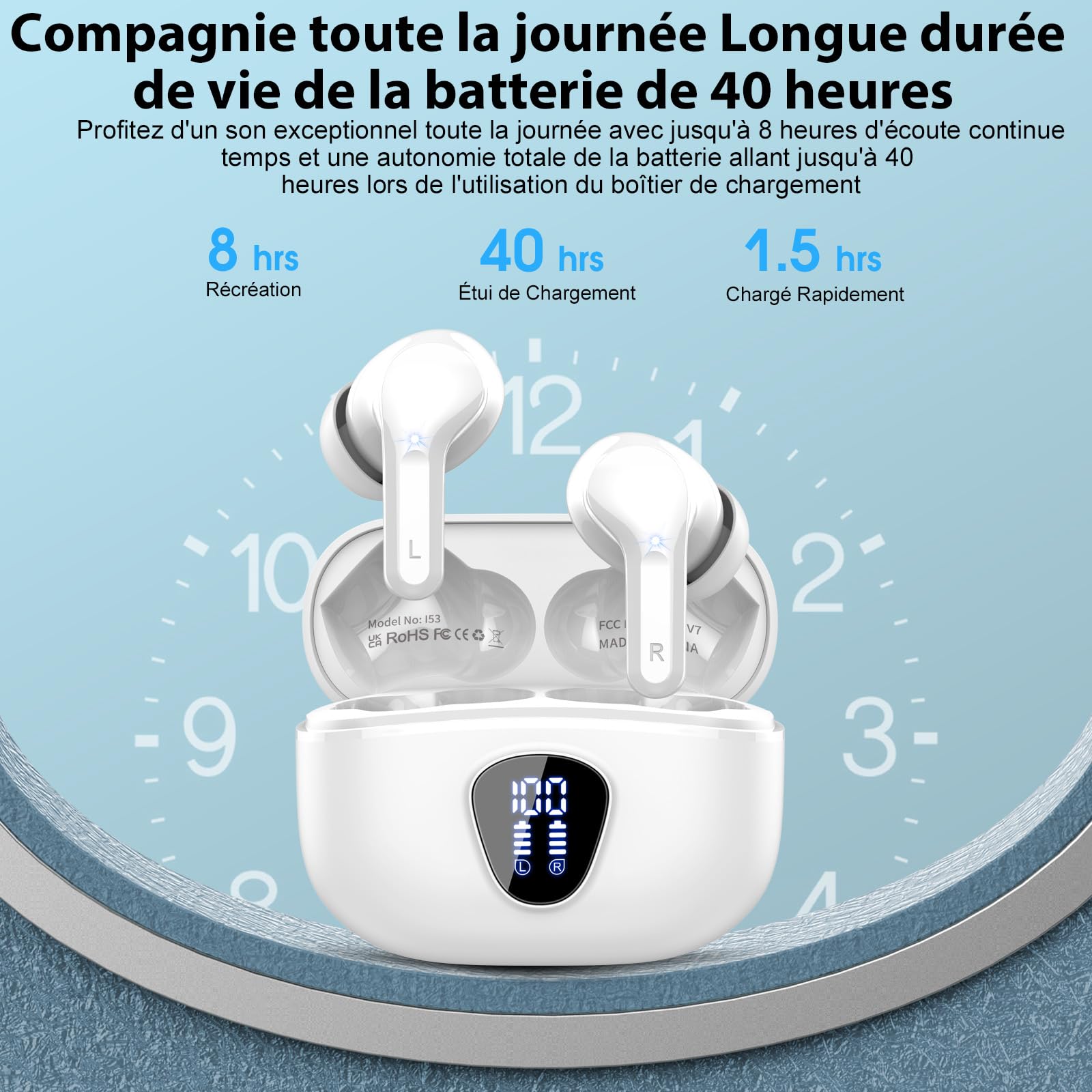 Ecouteurs Bluetooth sans Fil, Écouteurs Bluetooth 5.4 Oreillette Bluetooth Basses Immersives avec 4 ENC Mic, Casque Bluetooth sans Fil 46H avec Écran LED, Étanche IP7 Contrôle Tactile, Blanc (2026)