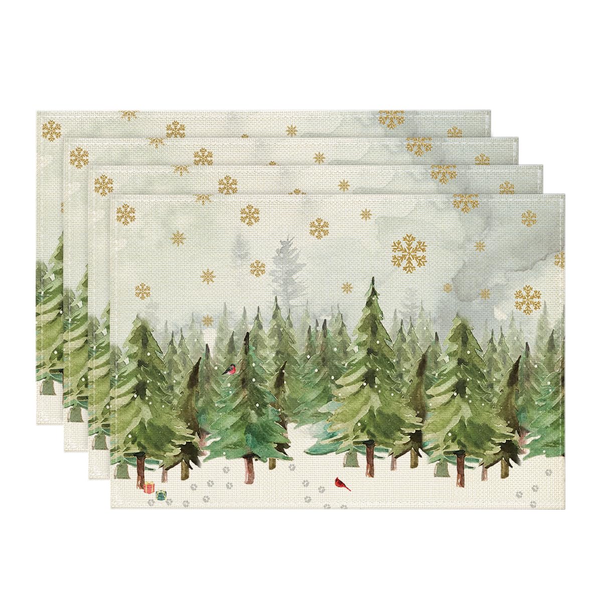 Artoid Mode Juego de 4 manteles individuales con diseño de árboles, pájaros, copos de nieve, Navidad, 30 x 45 cm, mantel individual lavable, decoración para fiestas