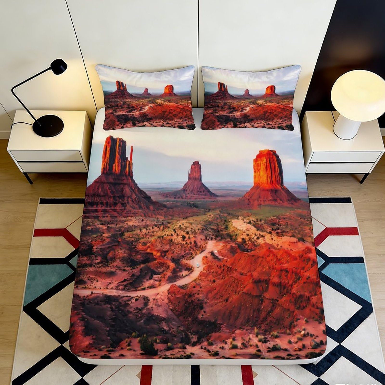 3D Printed Monument Valley Landscape Fitted Sheet Microfiber Soft Red Rock Canyon Bed Cover for Bedroom Decor 90x200x25cm
