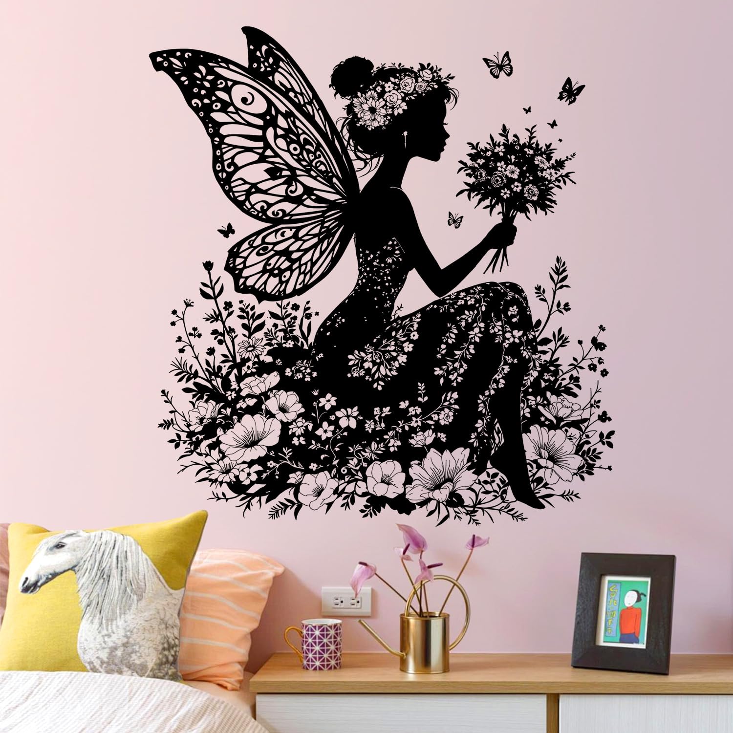 Butterfly Girl Wall Decals Black and White Flower Wall Stickers Removable Flowers Fairy Wall Art Black and White Silhouette Garden Plants Wildflowers