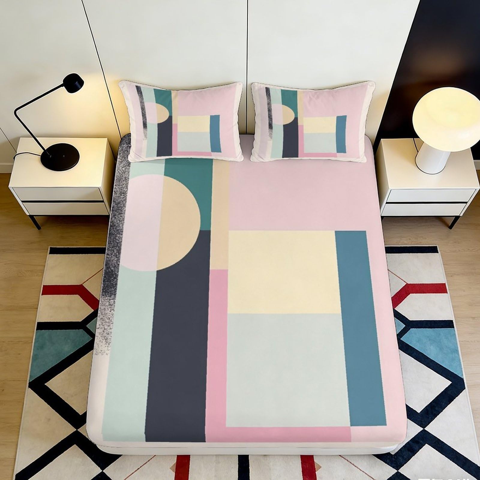 3D Printed Geometric Abstract Fitted Sheet Microfiber Pastel Color Block Bed Cover Anti-Slip Easy Care for Bedroom Guest Room 90x200x25cm