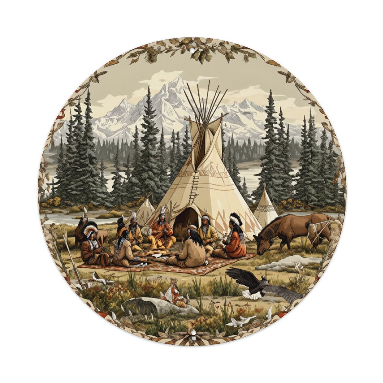 Native American Camp Scene Round Tin Sign Vintage Metal Poster, Home Bar Garage Man Cave Cafe Indoor & Outdoor Wall Decoration 8x8Inches